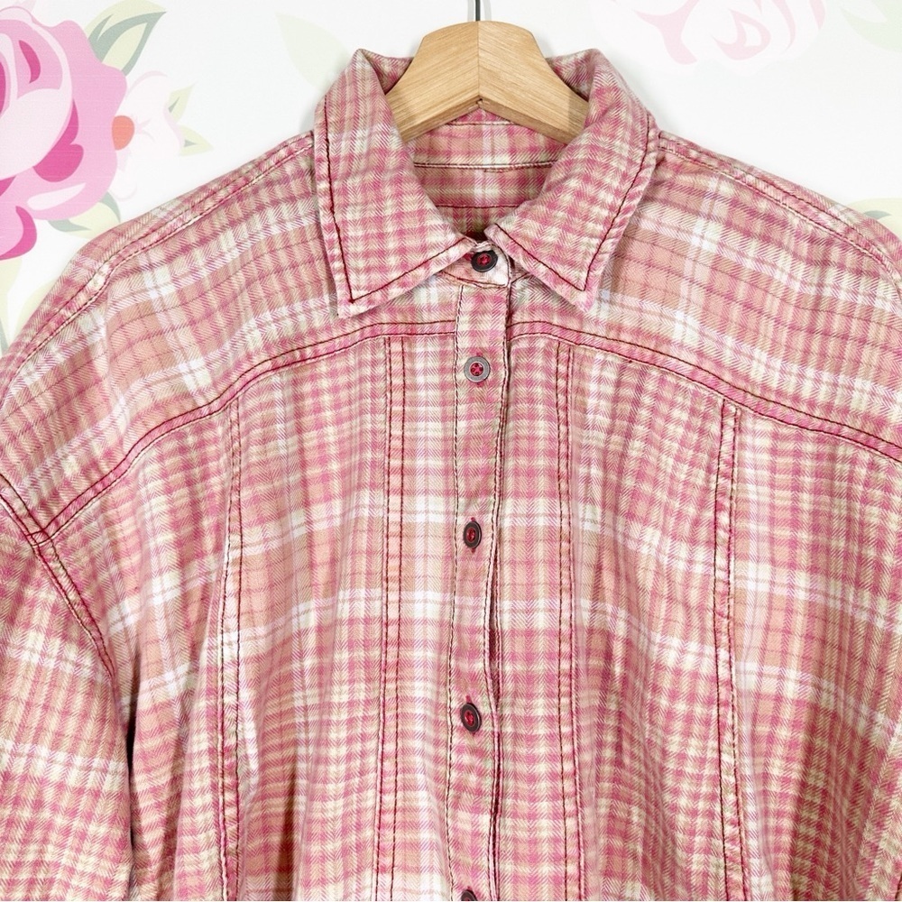 NEW Free People Pink Plaid Long Sleeve Button Down Shirt Top S - Picture 3 of 11